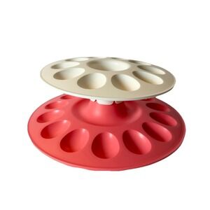 Tupperware 2 Tier Deviled‎ Egg Round Stackable Serving Tray White/Peach Holds 24